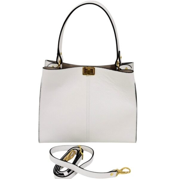 Elegant White Structured Top-Handle Handbag with Gold-Tone Lock