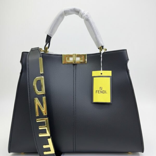 Black Structured Top-Handle Handbag with Gold Logo Strap