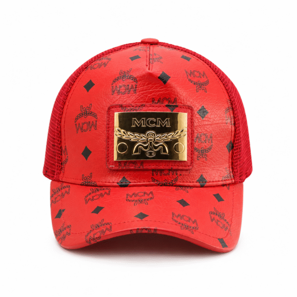 Red MCM-Style Leather Cap