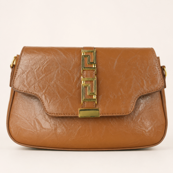 Glossy Brown Flap Shoulder Bag with Statement Hardware