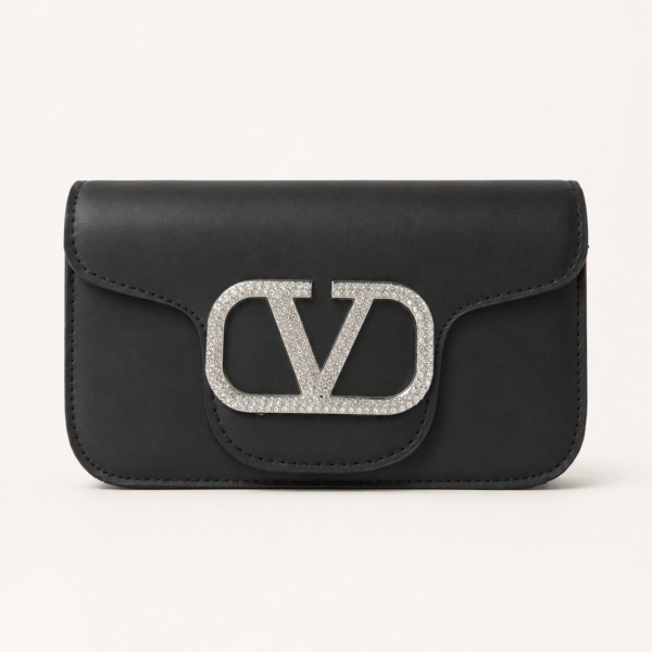 Valentino Black Crystal VLogo Clutch Bag
