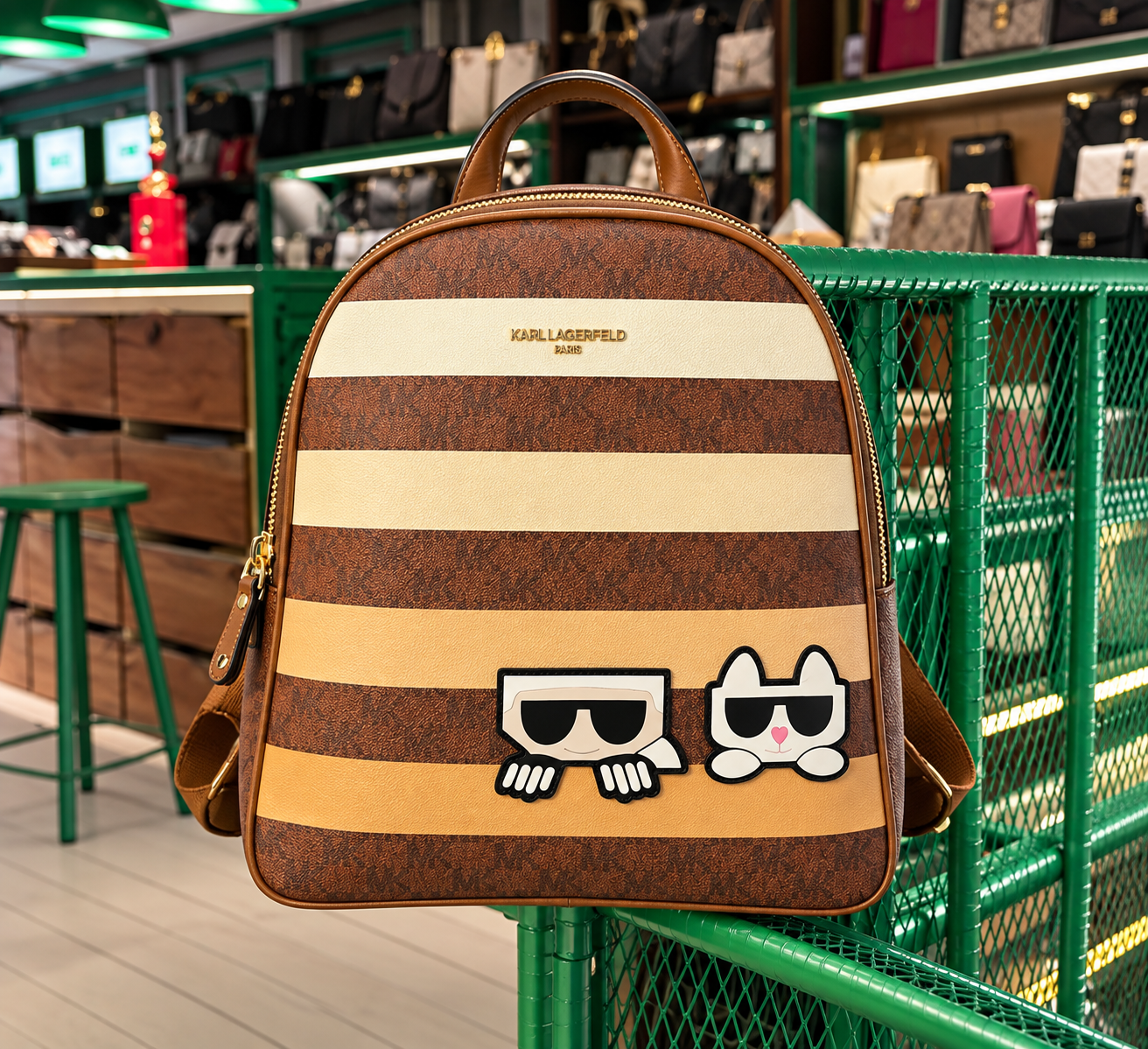 Karl Lagerfeld Brown Striped Character Backpack
