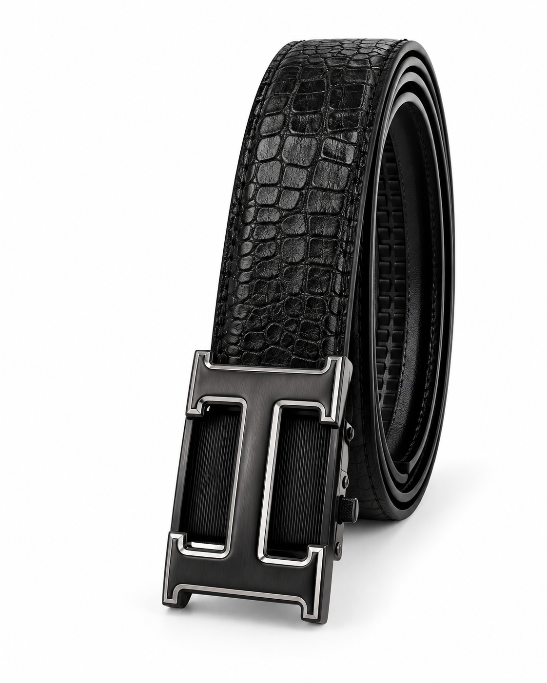Hermès Black Croc-Embossed Ratchet Belt