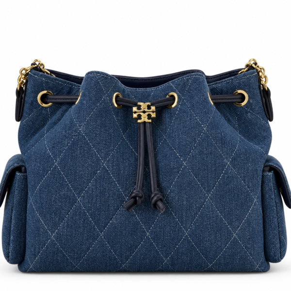 Tory Burch Denim Quilted Drawstring Bucket Bag