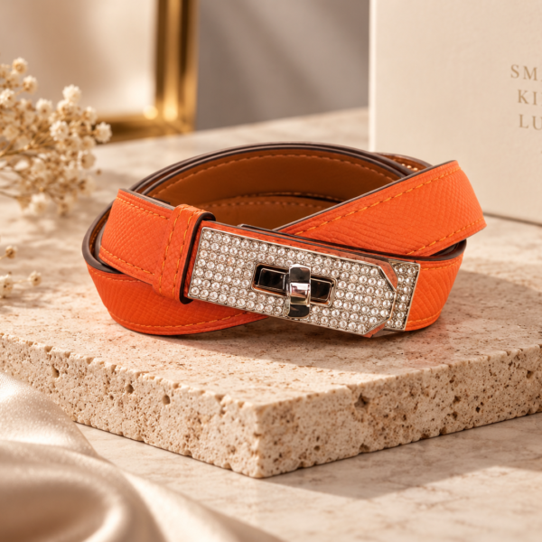 Hermès Orange Leather Belt with Crystal Buckle