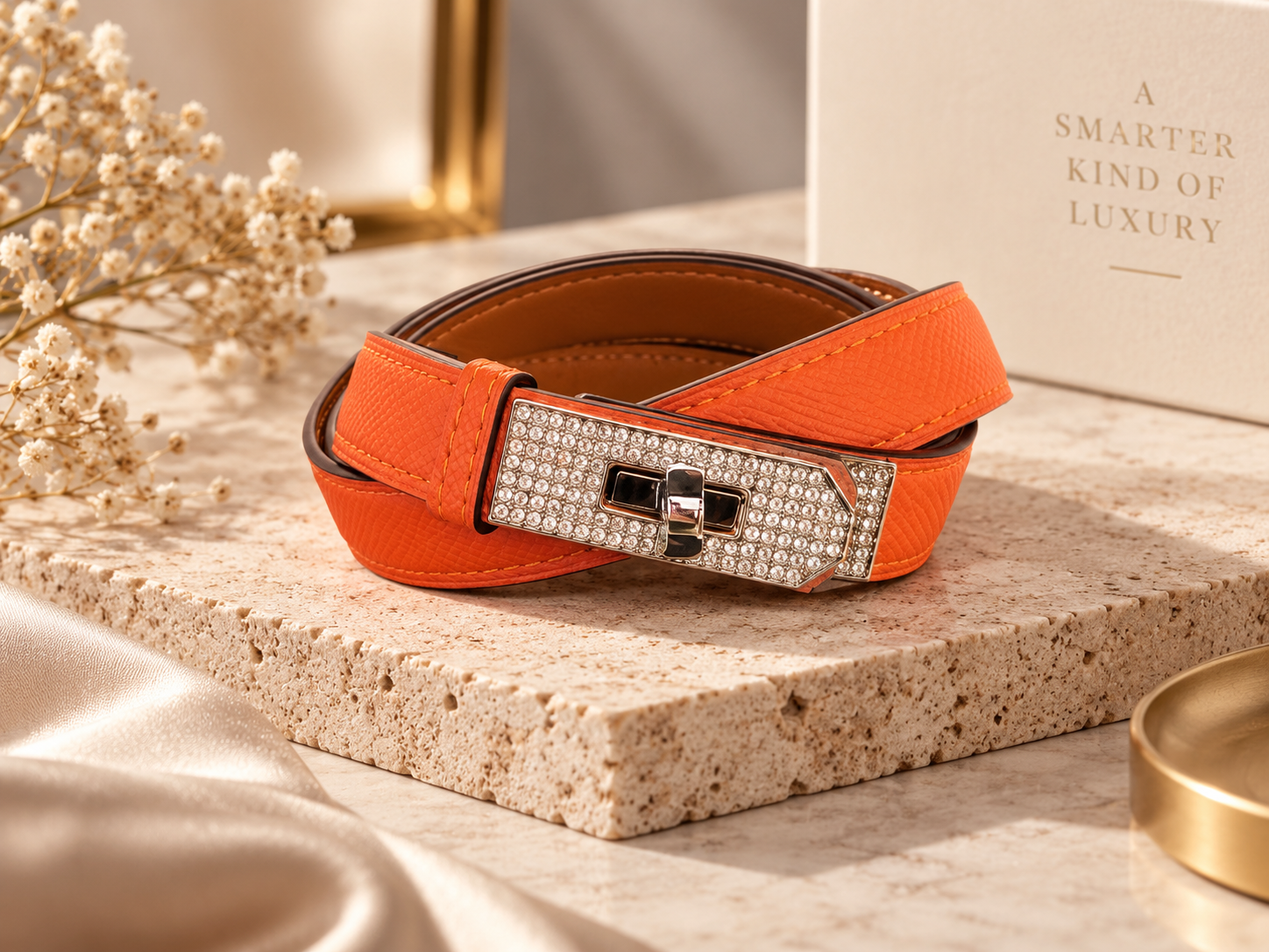 Hermès Orange Leather Belt with Crystal Buckle
