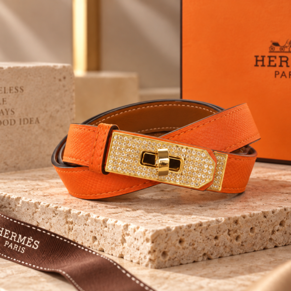 Hermès Orange Leather Belt with Gold Crystal Buckle