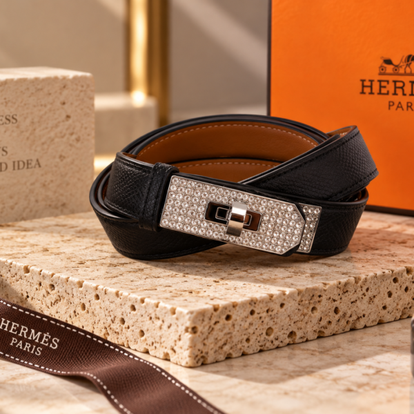 Hermès Black Leather Belt with Crystal Buckle