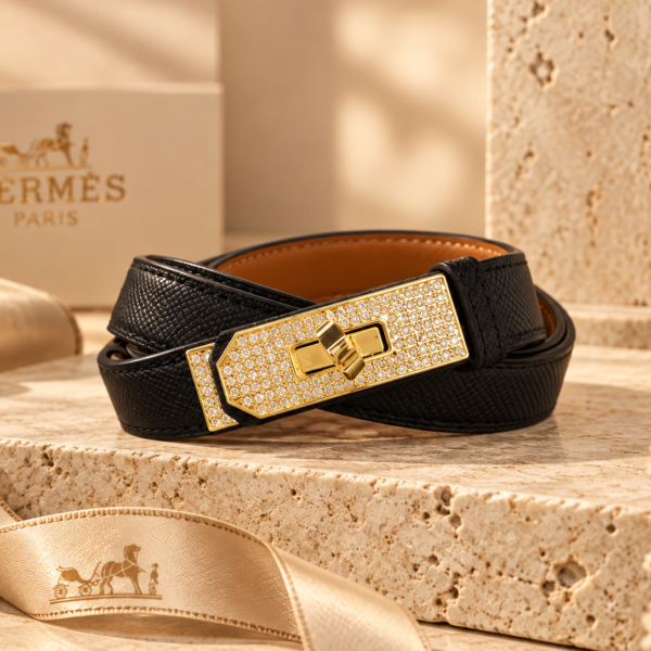 Hermès Black Leather Belt with Gold Crystal Buckle