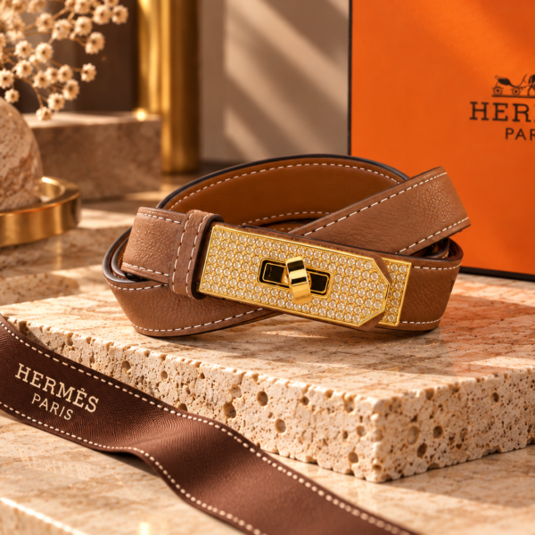 Hermès Taupe Brown Leather Belt with Gold Crystal Buckle