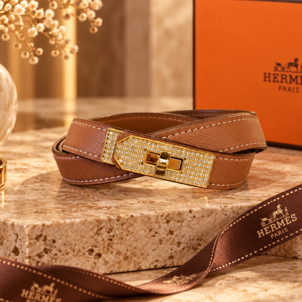 Hermès Brown Leather Belt with Gold Crystal Buckle