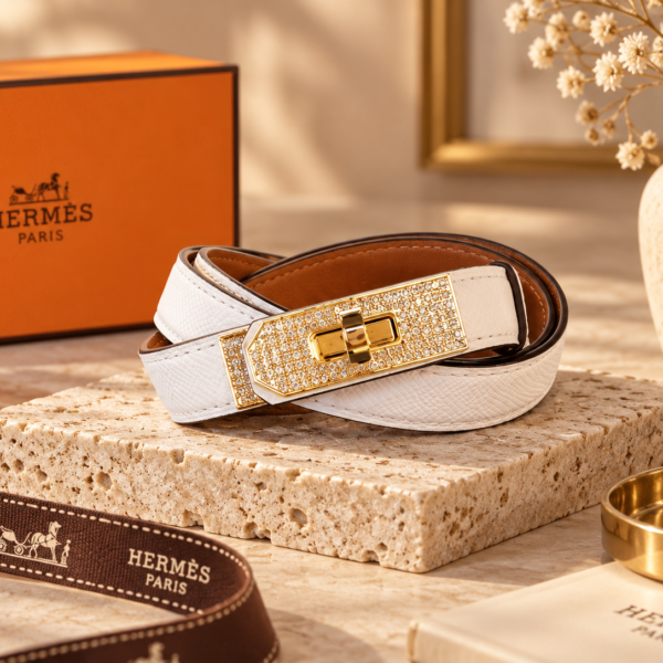 Hermès White Leather Belt with Gold Crystal Buckle