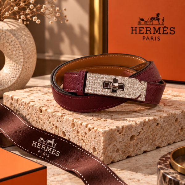 Hermès Burgundy Leather Belt with Crystal Buckle