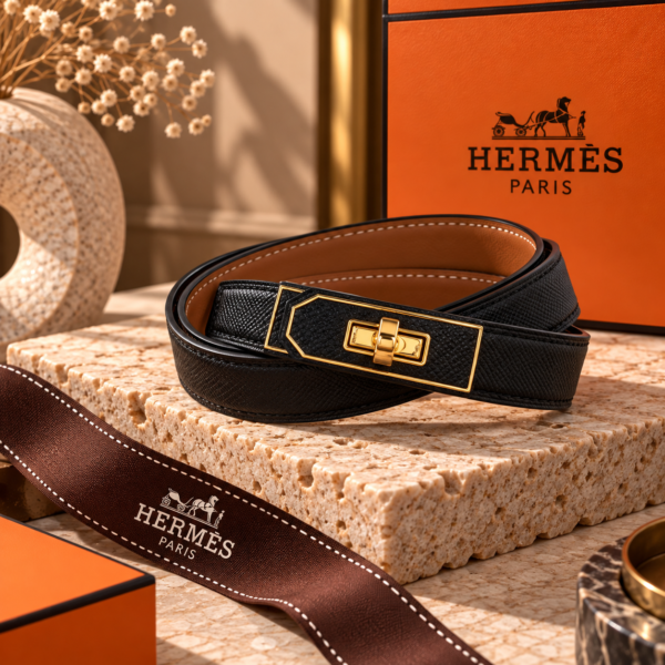 Hermès Black Kelly Belt with Gold Turn-Lock Buckle