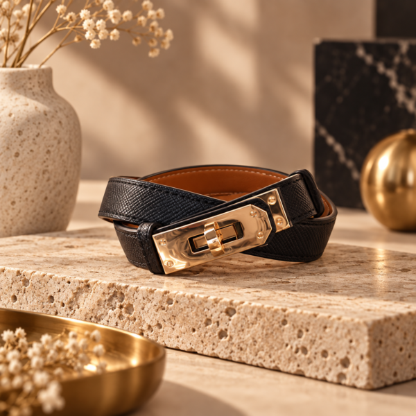 Hermès Black Kelly Belt with Gold Turn-Lock Buckle