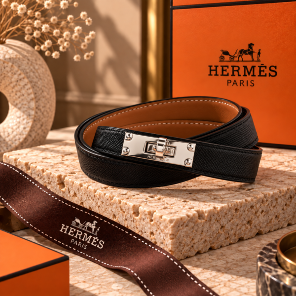Hermès Black Leather Belt with Silver Turn-Lock Buckle