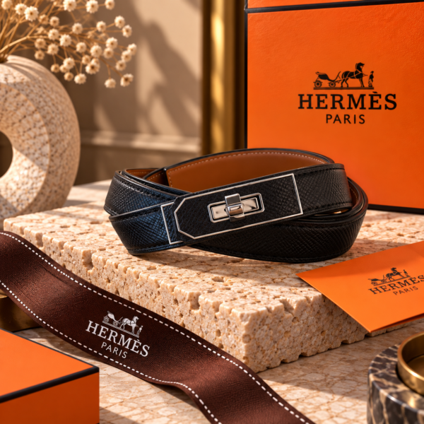 Hermès Black Kelly Belt with Silver Turn-Lock Buckle