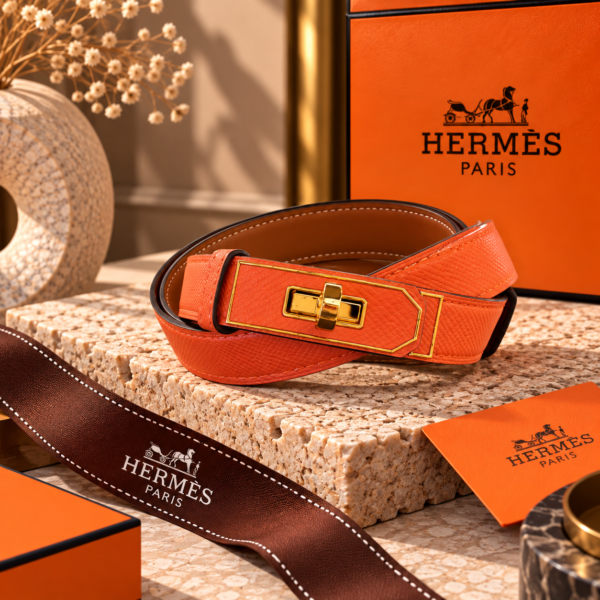 Hermès Orange Kelly Belt with Gold Turn-Lock Buckle