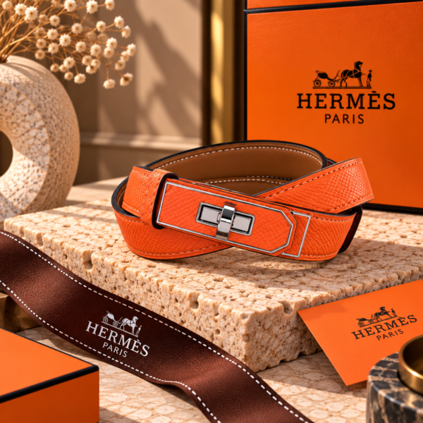 Hermès Orange Kelly Belt with Silver Turn-Lock Buckle