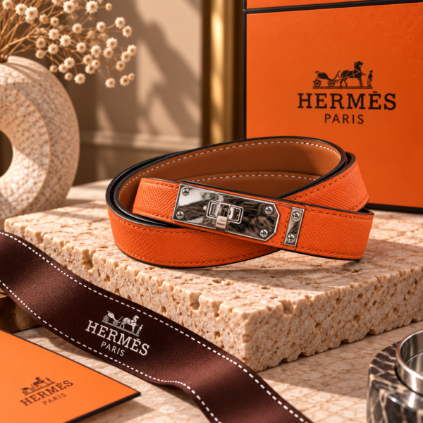 Hermès Orange Kelly Belt with Silver-Tone Hardware