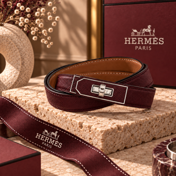Hermès Burgundy Kelly Belt with Silver Turn-Lock