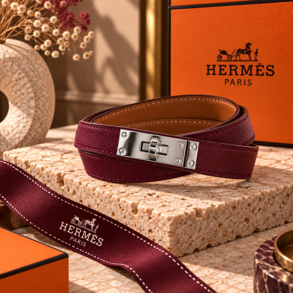 Hermès Burgundy Kelly Belt with Full Silver-Tone Hardware