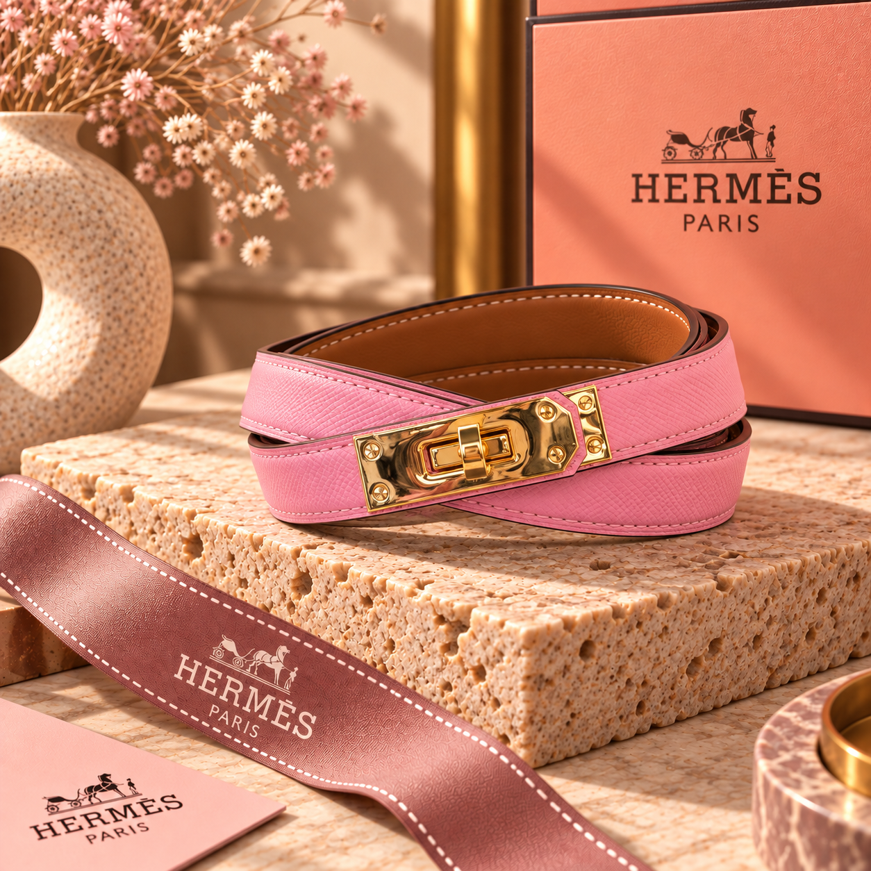 Hermès Pink Kelly Belt with Full Gold-Tone Hardware