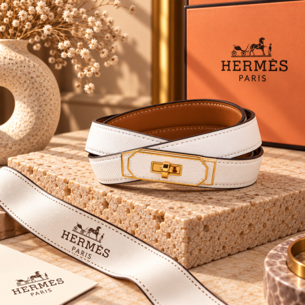Hermès White Kelly Belt with Gold Turn-Lock