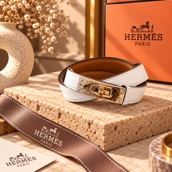 Hermès White Kelly-Style Belt with Full Gold-Tone Hardware