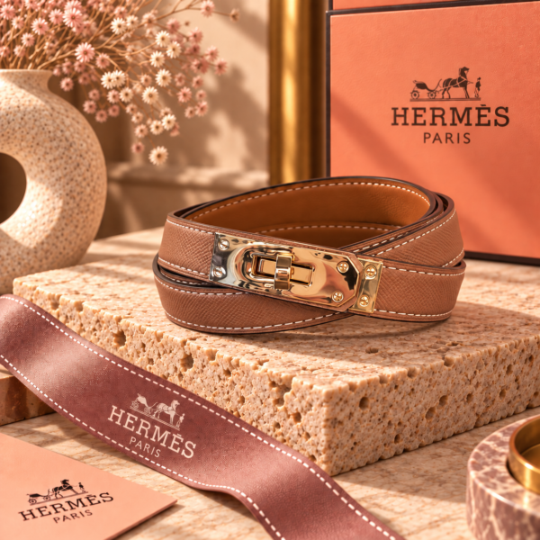 Hermès Taupe Kelly-Style Belt with Full Rose Gold-Tone Hardware