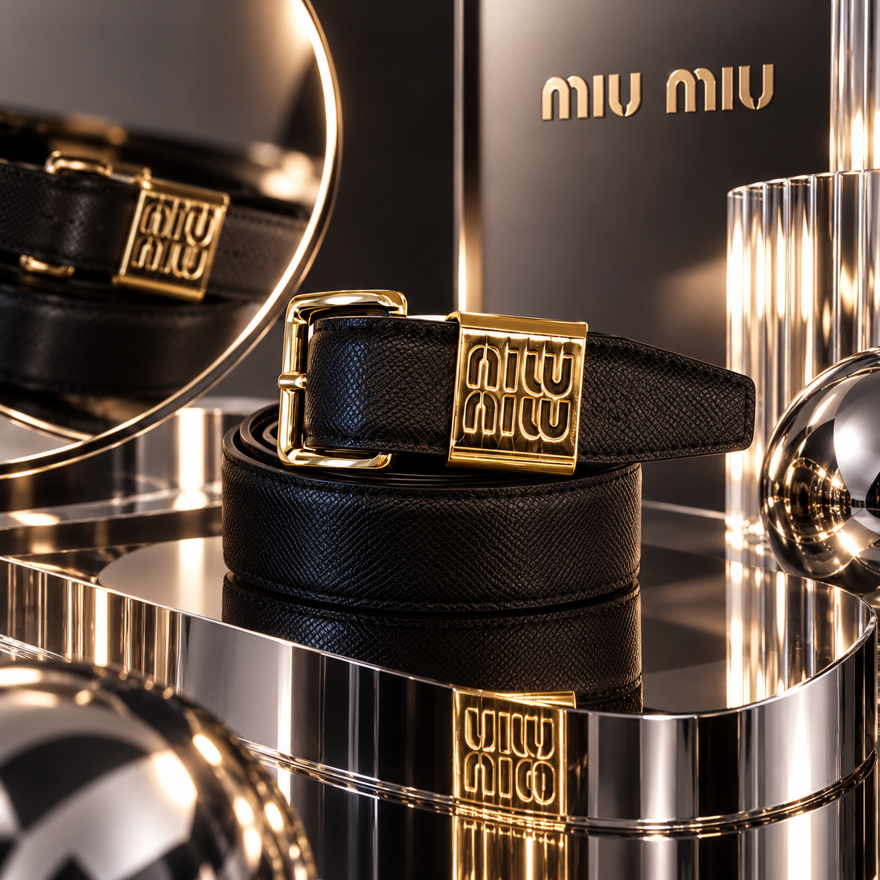 Miu Miu Black Textured Leather Belt with Full Gold-Tone Hardware