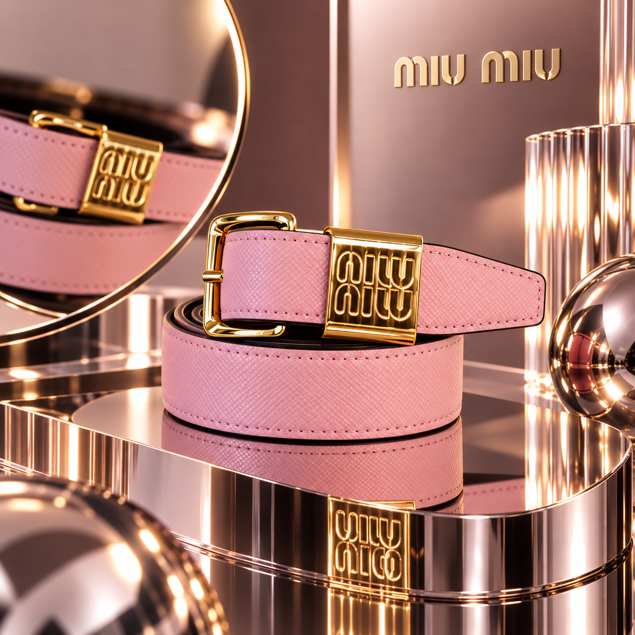 Miu Miu Pink Textured Leather Belt with Full Gold-Tone Hardware