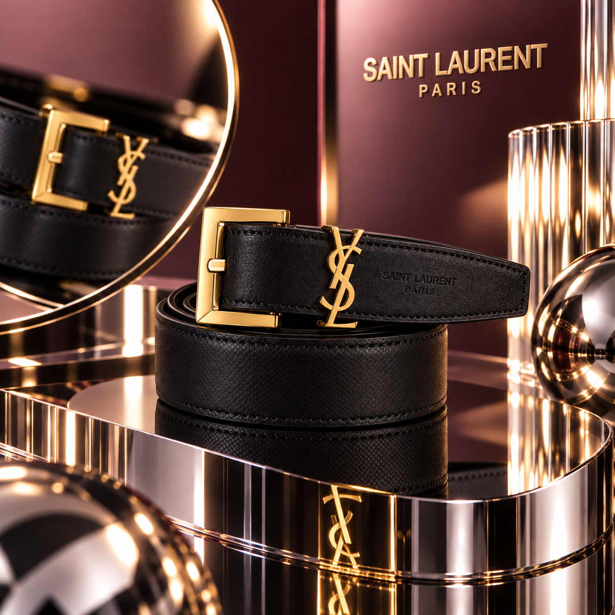 Saint Laurent Black Leather Belt with Gold-Tone YSL Hardware