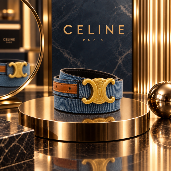 Celine Denim Belt with Tan Leather Detail & Gold-Tone Triomphe Hardware
