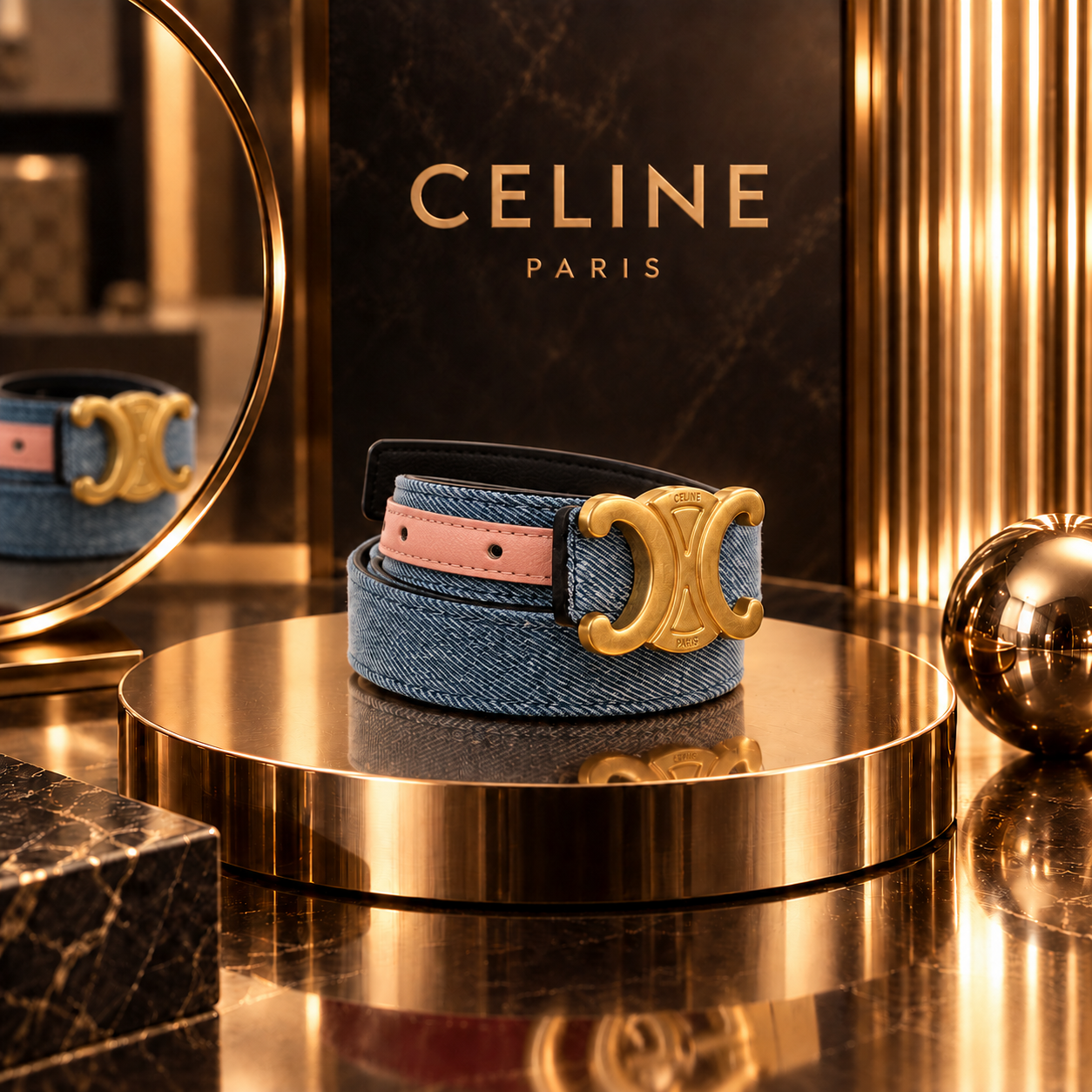 Celine Denim Belt with Pink Leather Detail & Gold-Tone Triomphe Hardware