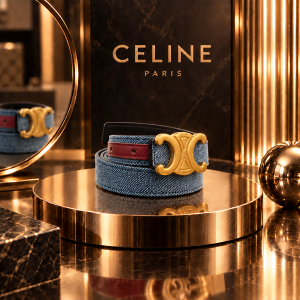 Celine Denim Belt with Red Leather Detail & Gold-Tone Triomphe Hardware