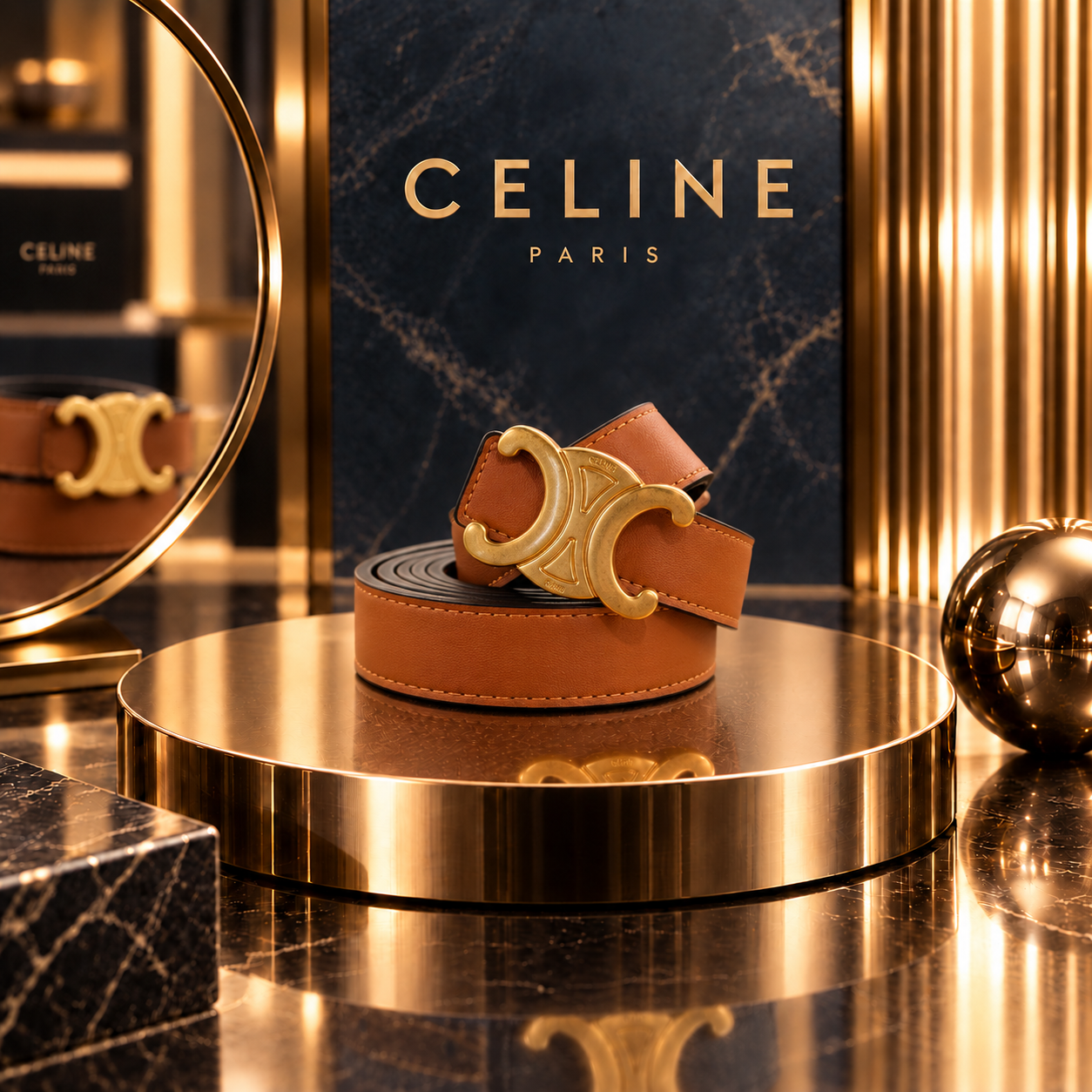 Celine Tan Leather Belt with Gold-Tone Triomphe Hardware