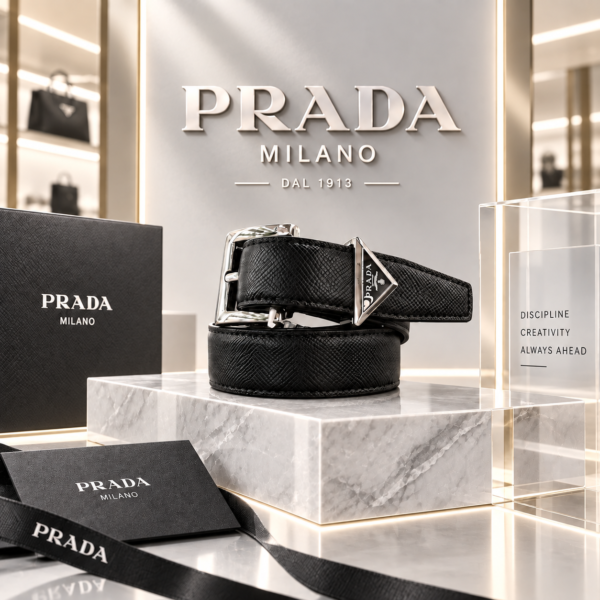 Prada Black Saffiano Leather Belt with Silver-Tone Triangle Hardware