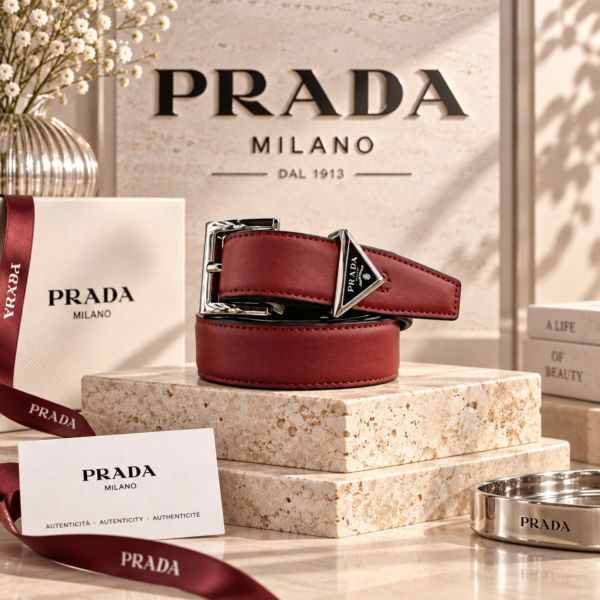 Prada Burgundy Leather Belt with Silver-Tone Triangle Hardware