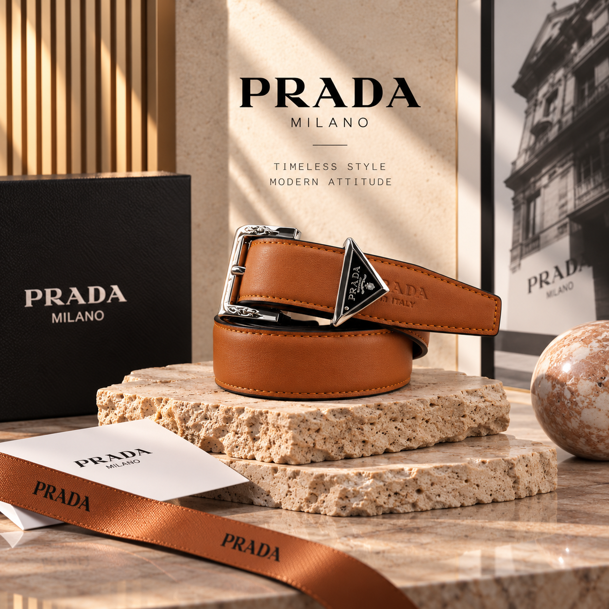 Prada Tan Leather Belt with Silver-Tone Triangle Hardware