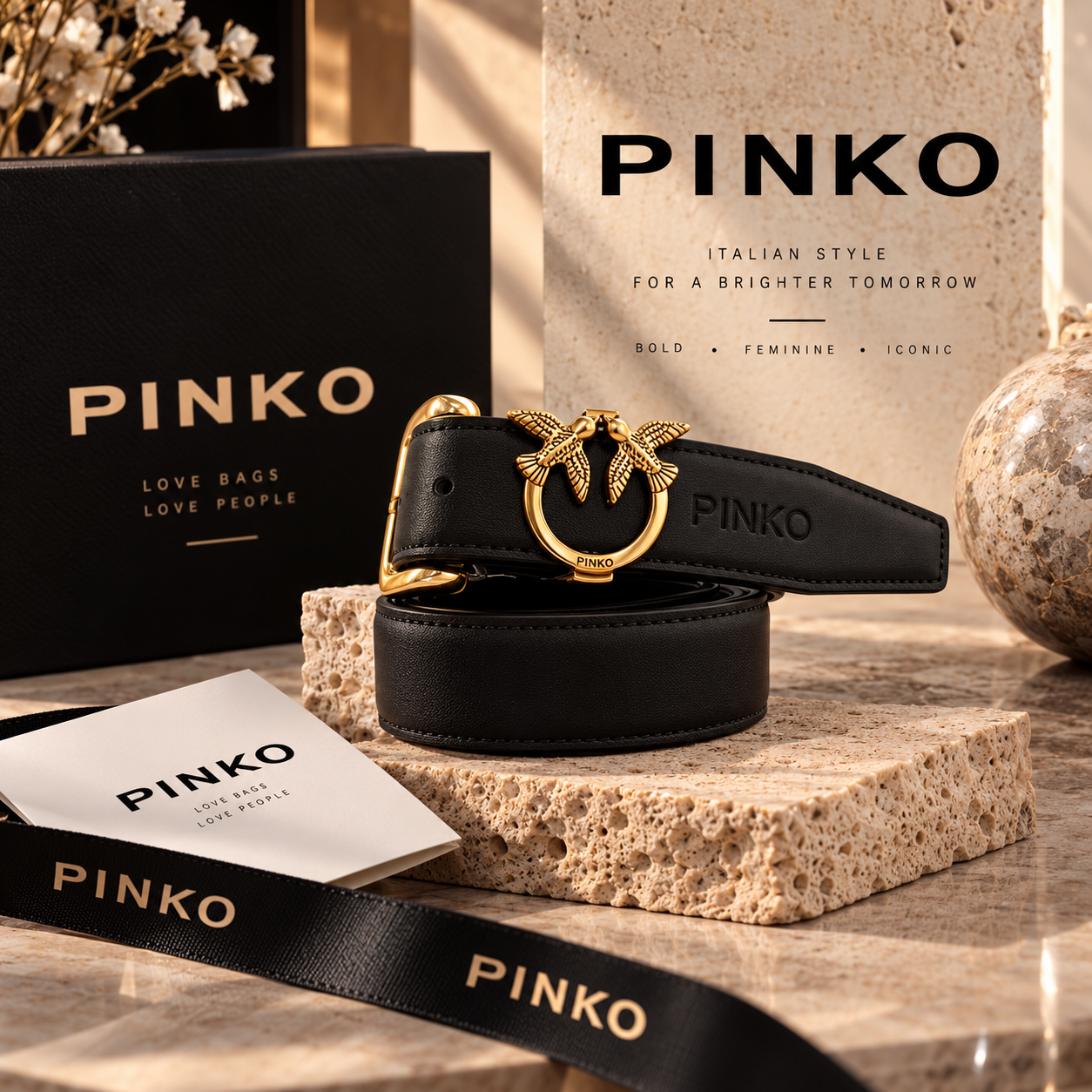 Pinko Black Leather Belt with Gold-Tone Love Birds Hardware