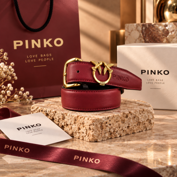 Pinko Red Leather Belt with Gold-Tone Love Birds Hardware