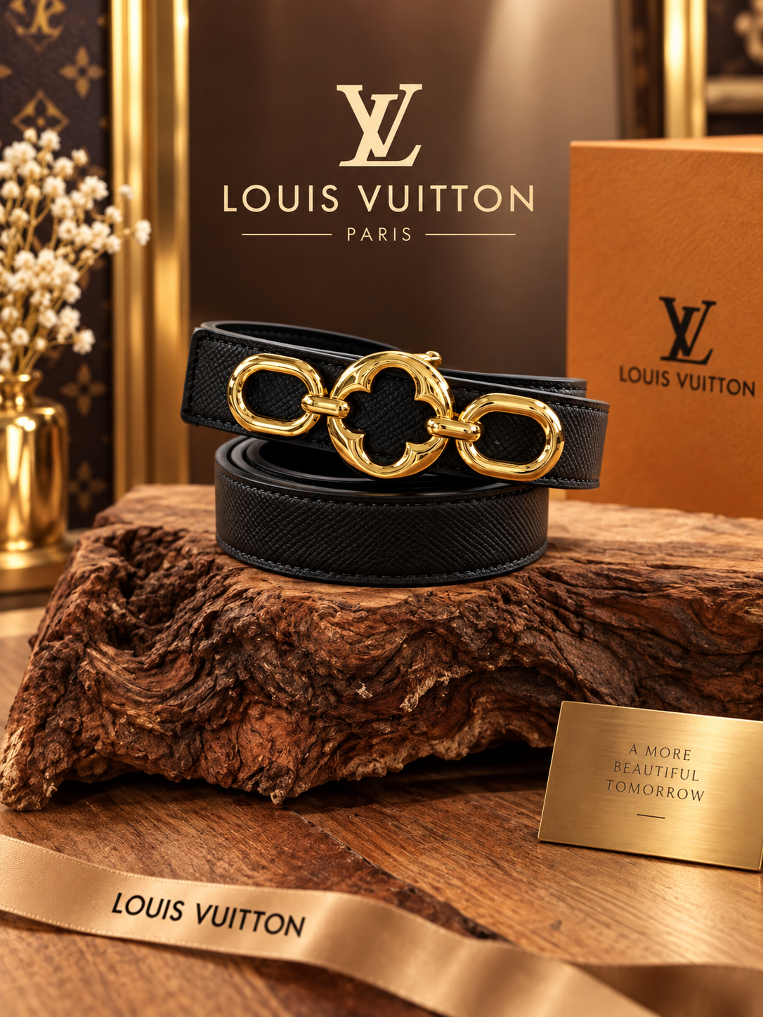 Louis Vuitton Black Monogram Flower-Style Belt with Full Gold-Tone Hardware