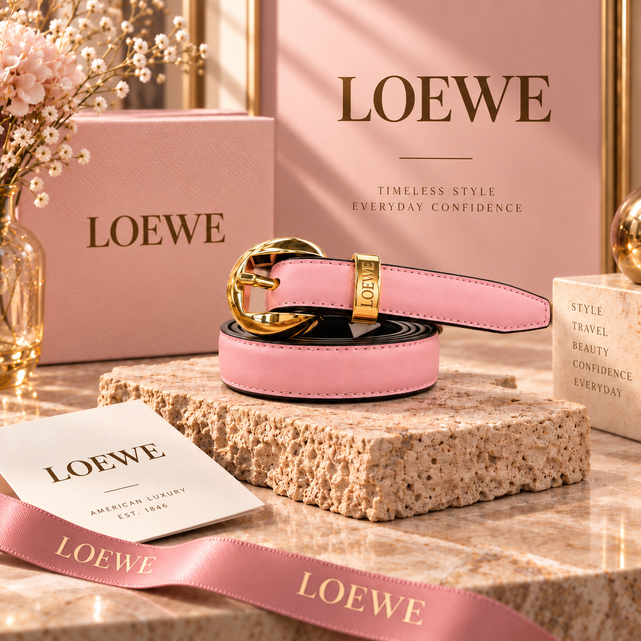 LOEWE Soft Pink Leather Belt with Full Gold-Tone Hardware