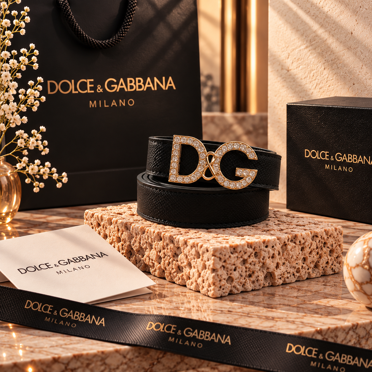 Dolce & Gabbana Black D&G Buckle Belt with Gold-Tone & Crystal Hardware