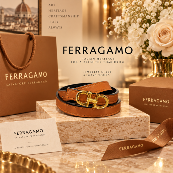 Ferragamo Tan Brown Gancini-Style Belt with Full Gold-Tone Hardware