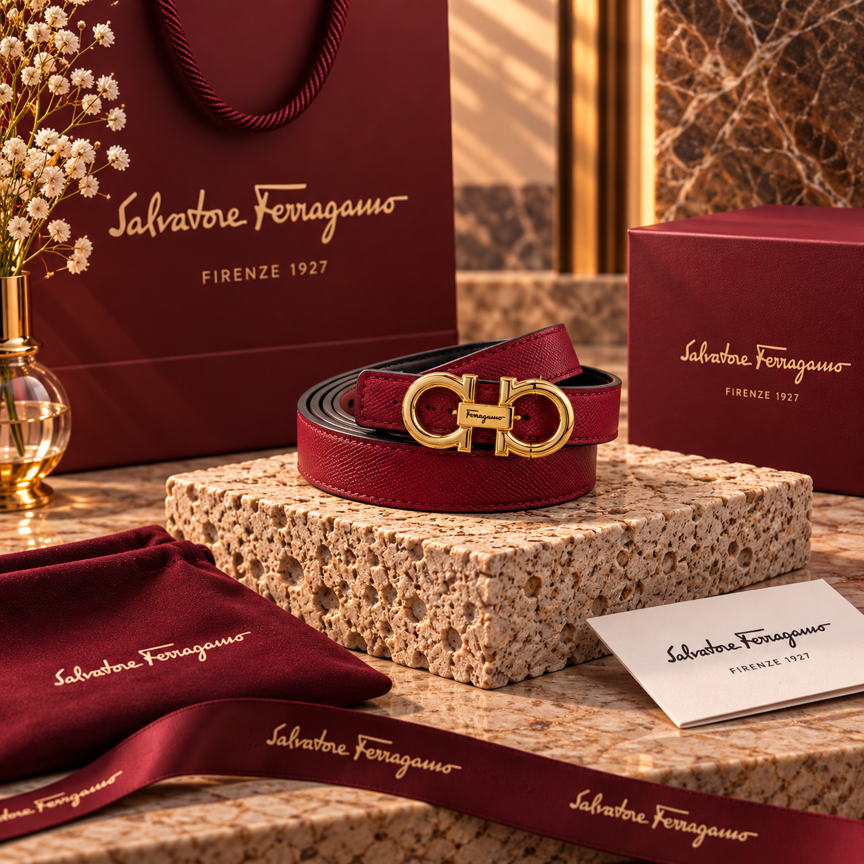 Ferragamo Burgundy Gancini-Style Belt with Full Gold-Tone Hardware