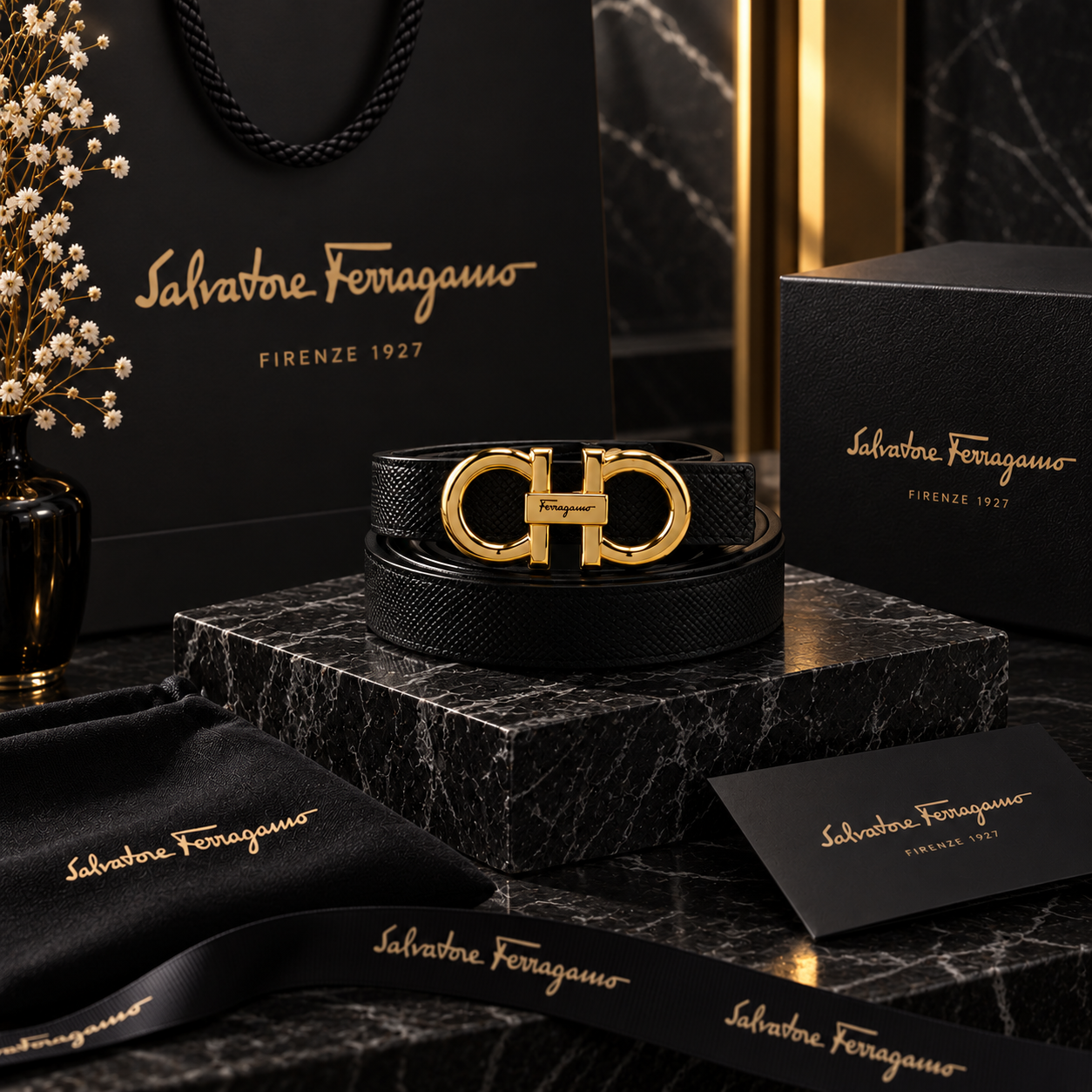 Ferragamo Black Gancini-Style Belt with Full Gold-Tone Hardware