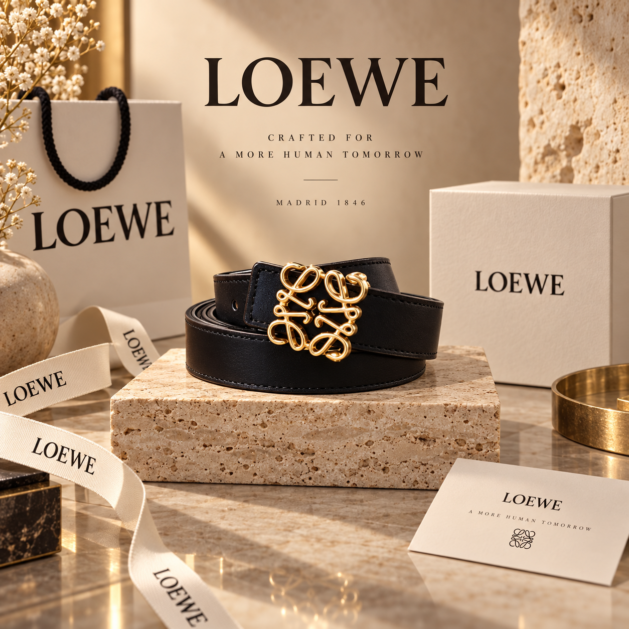 LOEWE Black Anagram Buckle Belt with Full Gold-Tone Hardware