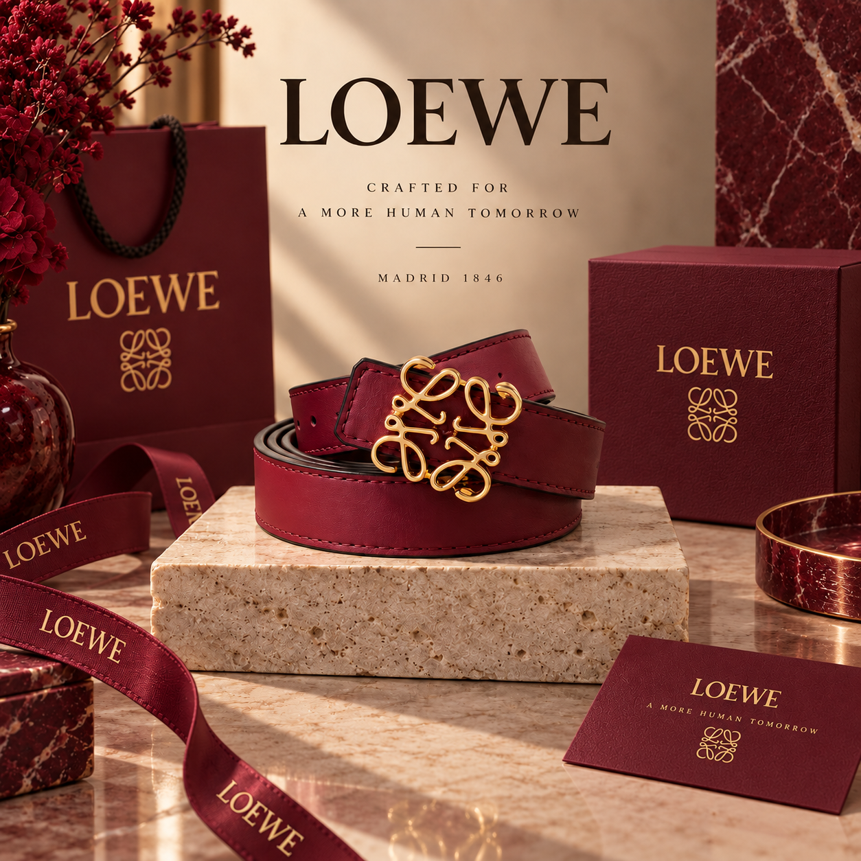 LOEWE Burgundy Anagram Buckle Belt with Full Gold-Tone Hardware